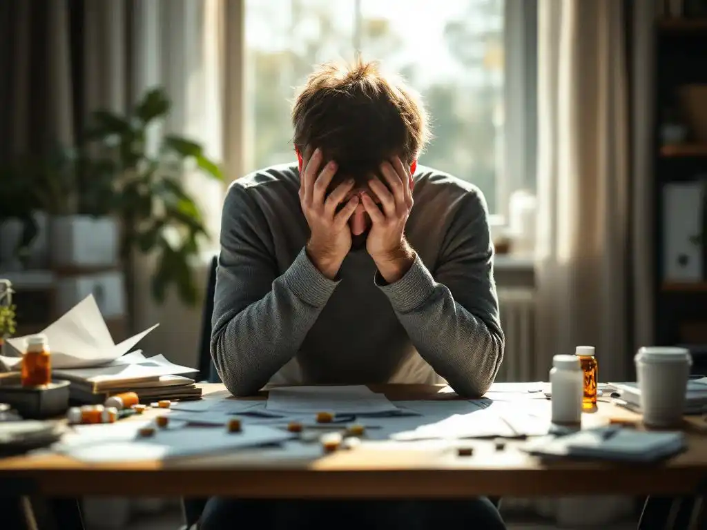 Persoon met hoofd in handen aan bureau met medische papieren en medicijnflesjes, toont stress door gezondheidsuitdagingen